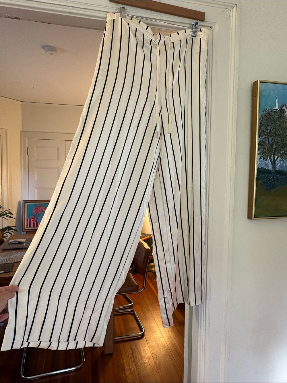 Escada White and Black Striped 100% Silk Pants